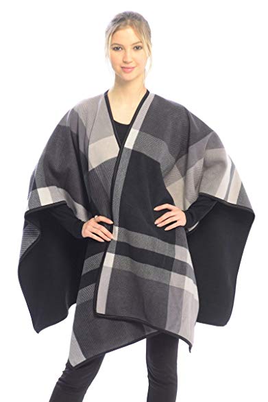 BYOS Women’s Winter Stylish Oversized Reversible Plaid Soft Fleece Poncho Blanket Wrap