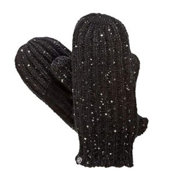 Isotoner Womens Chunky Black Sparkle Cable Knit Mittens with Sherpasoft Lining