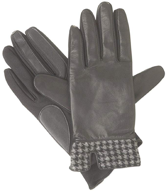 Isotoner Signature Stretch Leather Houndstooth-Hem SmarTouch Tech Gloves, Black