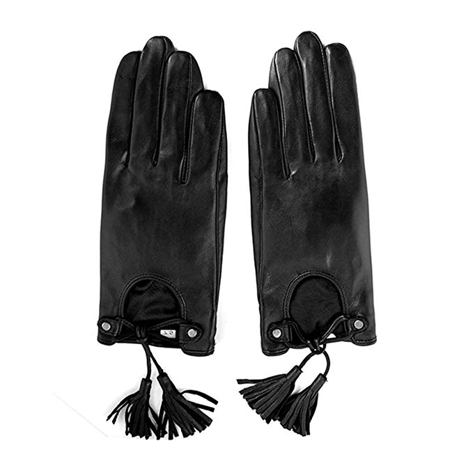 Matsu Lady's Nylon lined Leather Gloves For Women Driving Lambskin Black Tassel M619