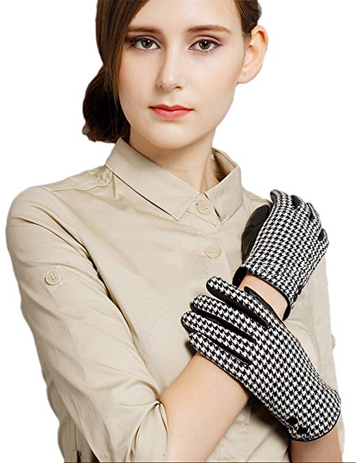 Only Faith Women Winter Warm Houndstooth Dermic Wool Leather Gloves