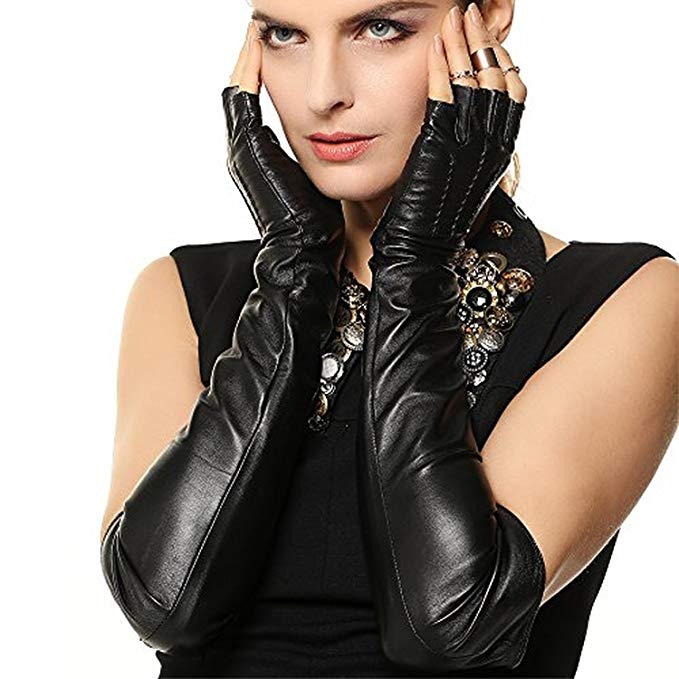 2015 New Ladies Opera Long Soft Nappa Leather Half Finger Fingerless Gloves