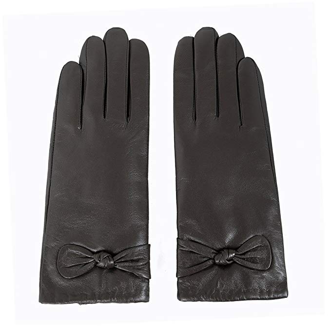 MATSU Women Winter Warm Leather with bow Black Gloves M811