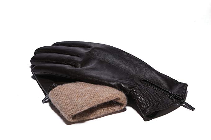 MoDA Women's Ms. Tokyo Genuine Leather Wool Lined Gathered Zip Winter Gloves