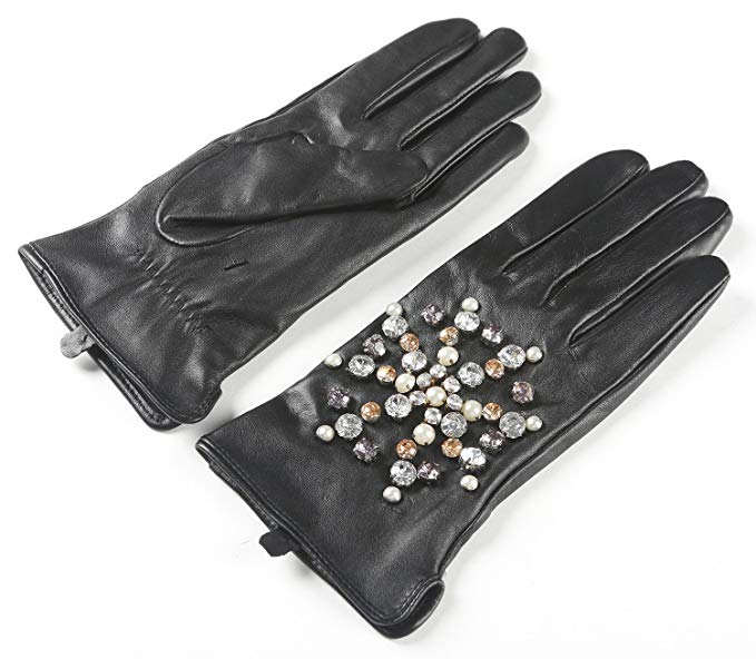 Ambesi Women's Fashion Studded Nappa Leather Winter Gloves