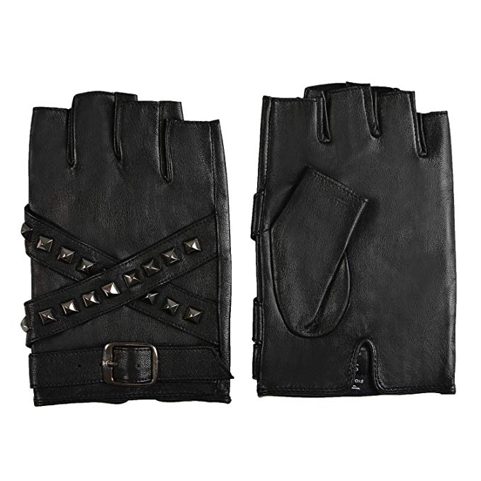 Fioretto 20% Men Fingerless Leather Gloves Rivet Half Finger Driving Italian Nappa