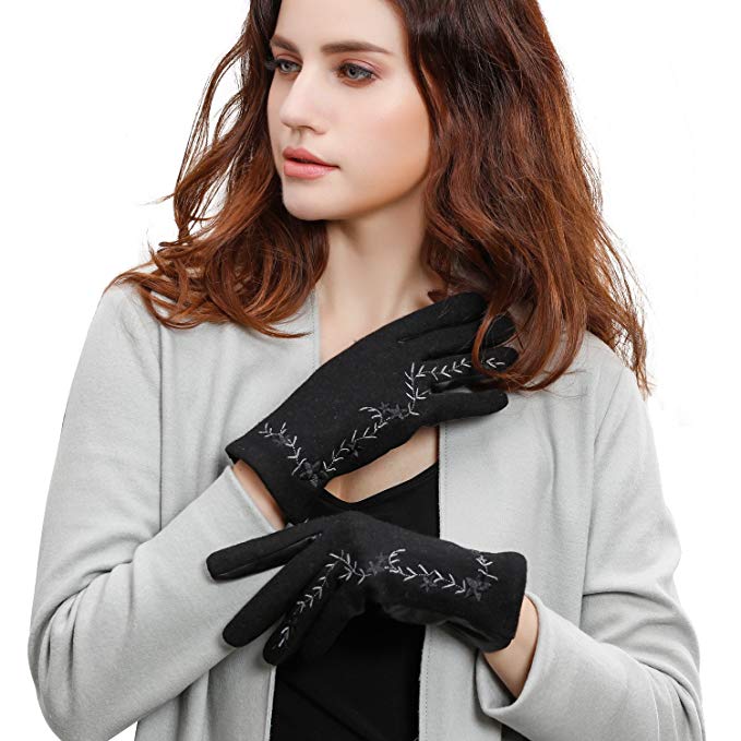 GSG Womens Winter Warm Wool Gloves Full Finger Stylish Floral Embroidery Lady Novelty Gloves Leather Nice Gifts