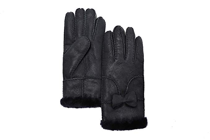 YISEVEN Women's Rugged Sheepskin Shearling Leather Gloves Bow knot