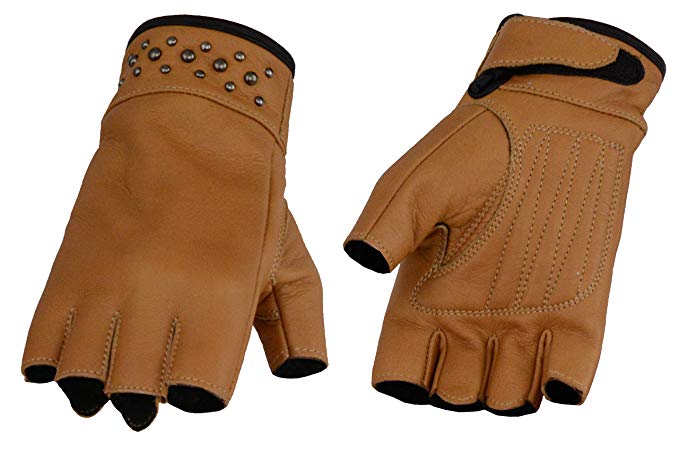 Ladies Leather Fingerless Gloves w/ Gel Palm, Rivet Detailing (X-Large, Saddle Tan)