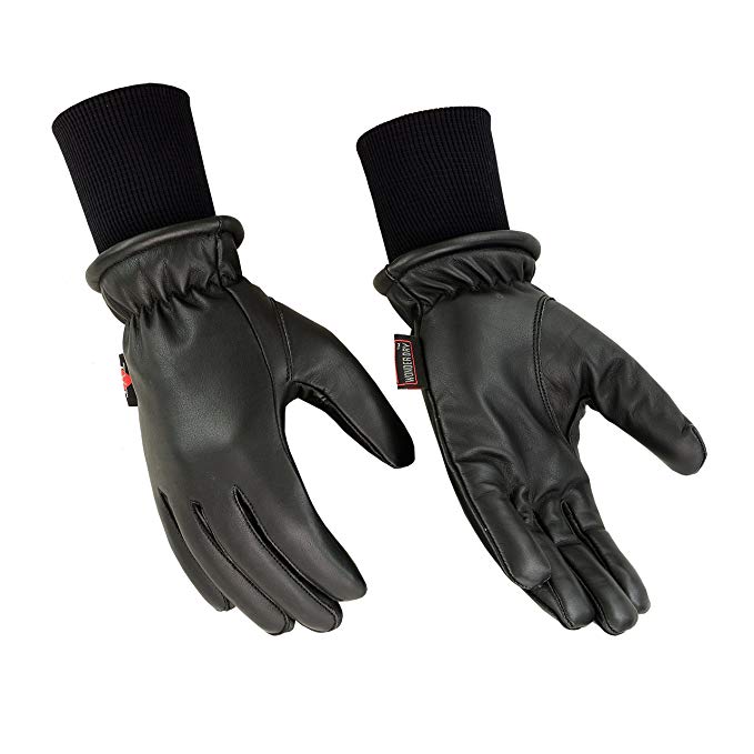 Ladies Winter Warm Water Resistant Leather Motorcycle and Driving Glove with Long Sweater Knit Cuff