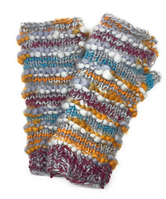 Hand Knit Winter Fingerless Striped Texting Gloves Warm Wool Fleece Lined