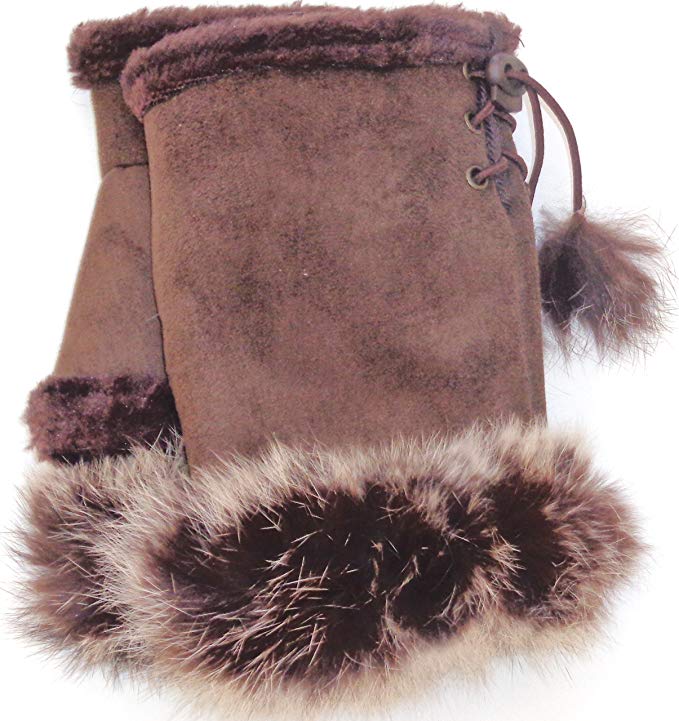 Light Brown Suede Leather Fingerless Fashion Womens Gloves with Mink Fur