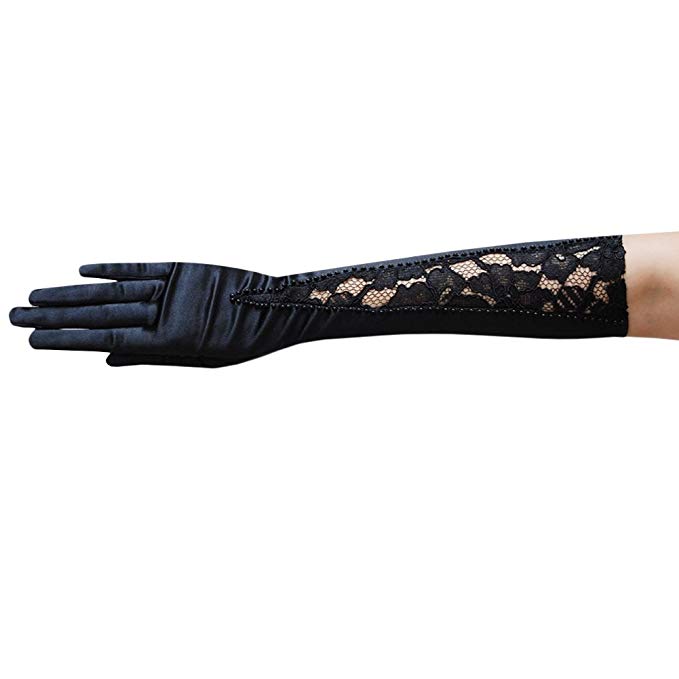 ZaZa Bridal Gorgeous Stretch Satin Gloves w/Flower Pattern Lace & Pearls