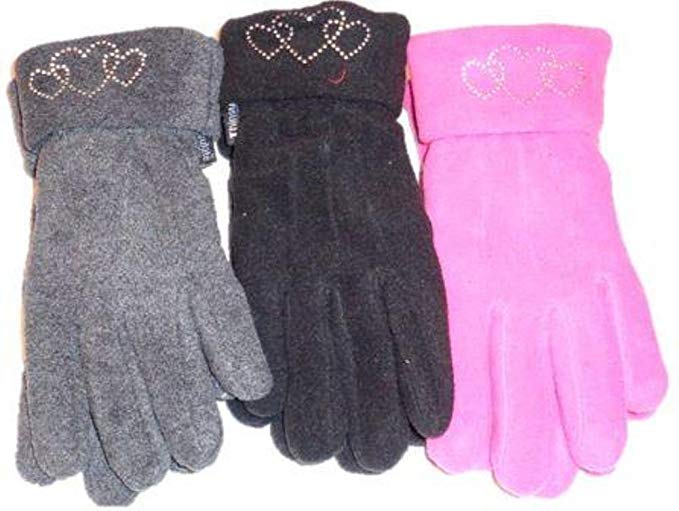 Three Pairs Fleece Very Warm One Size Gloves with Rhinestone Hearts