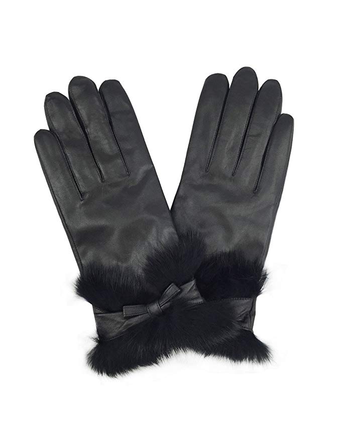 YISEVEN Women's Touchscreen Lambskin Leather Gloves Rabbit Fur Cuff