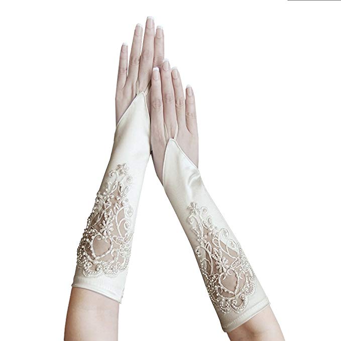 ZaZa Bridal Satin Fingerless Gloves w/Floral Embroidery Lace, Sequins & Pearls