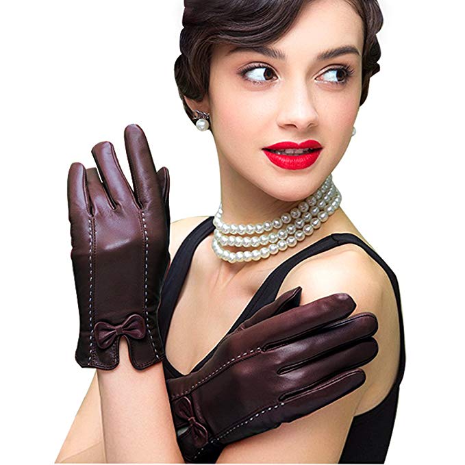 Edith qi Womens Genuine Leather Gloves,Nappa Touchscreen Texting Driving Warm Lining with Bow