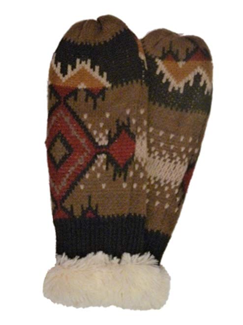 Muk Luks Lukees Brown Geometric Print Knit & Fur Mittens