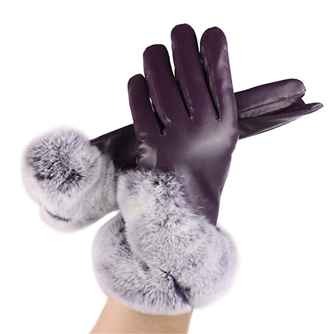 Borgasets Women's Rabbit Fur Cuff Cashmere Lined Lambskin Leather Gloves