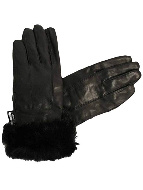 Black Soft Leather Gloves With Fur Trim For Women Size Small