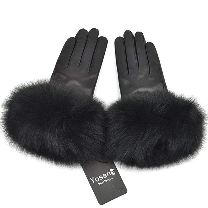 Yosang Women Genuine Lambskin Leather Winter Lined Gloves with Fox Fur Trim