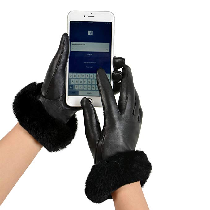 GSG Winter Warm Fur Leather Gloves Touch Womens Driving Texting Gloves Rex Rabbit Lady Gloves Italian Nappa