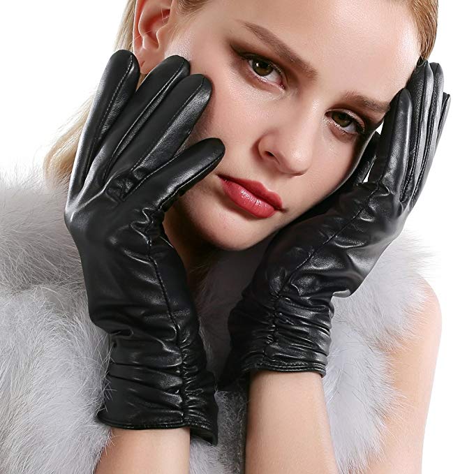 VEMOLLA Luxury Women Touchscreen Genuine Leather Gloves Cashmere Lining for Texting Driving Winter