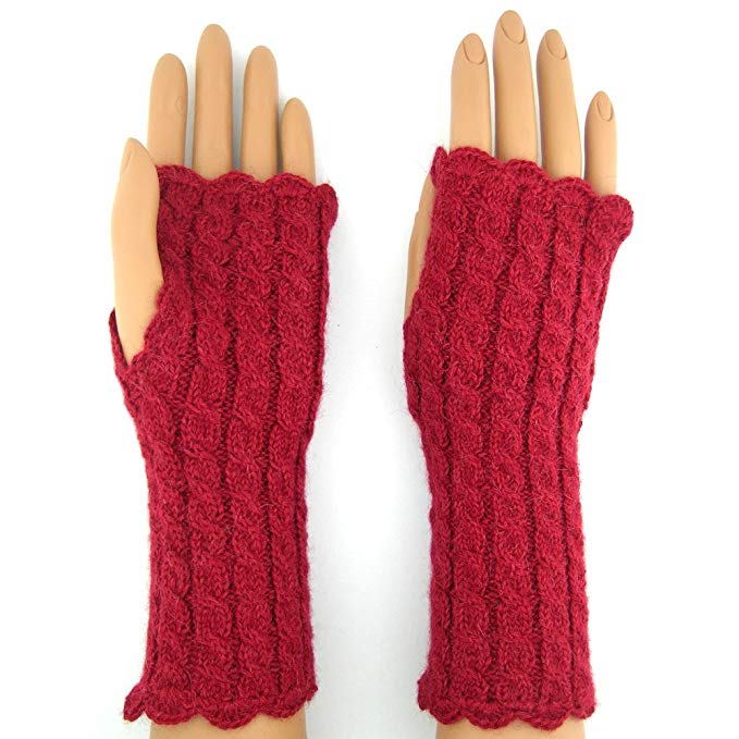 Alpaca Fingerless Gloves Hand Made Long Cableknit Fair Trade Bolivia 100% - Red