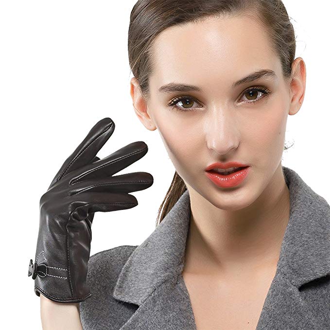 Nappaglo Women's Genuine Lambskin Leather Gloves Winter Warm Simple Gloves with Decorative White Stitching Bow (Touchscreen or Non-Touchscreen)