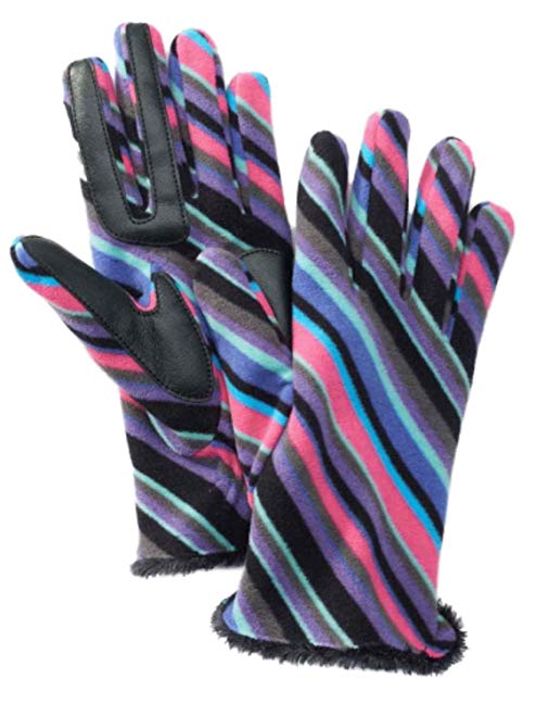 Isotoner Smart Touch Womens Gray & Pink Stripes Fleece Smartouch Texting Gloves