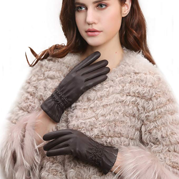 GSG 20% OFF Women Winter Warm Leather Gloves Touchscreen Driving Gloves Fashion Ruffle Italian Genuine Nappa Gloves