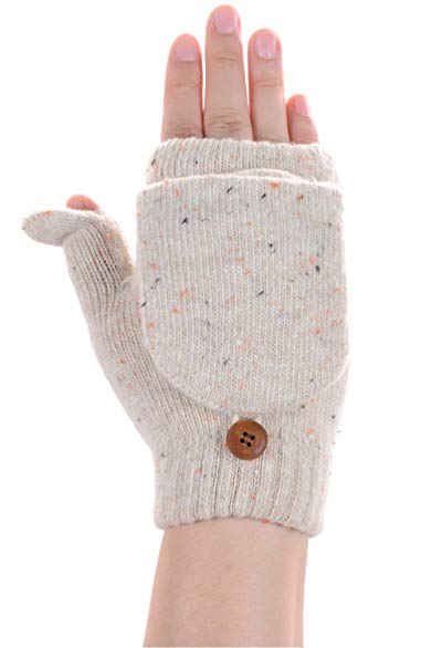 BYOS Womens Winter Soft Warm Plush Fleece Lined Convertible Fingerless Marble Speckled Knit Mittens Gloves Glittens W/ Thumb Flaps