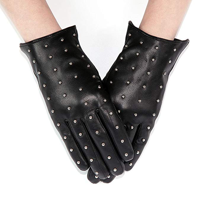 WARMFINGER Touchscreen Nappa Genuine Leather Gloves For Womens Studs Texting Warm Driving Gloves with Short Fur Lining