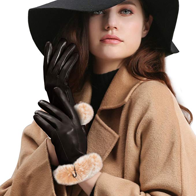 GSG Women Rex Rabbit Fur Warm Driving Gloves Italian Leather Gloves Winter Touchscreen Wool or Faux Fur Lining