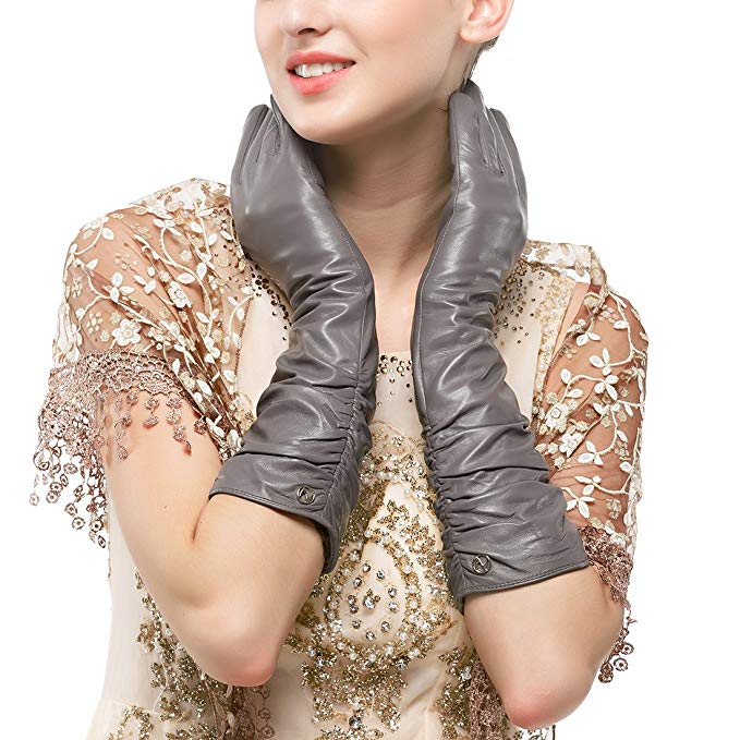 Nappaglo Women's Winter Long Leather Gloves Genuine Nappa Leather Touchscreen Ruched Elbow Party Mittens