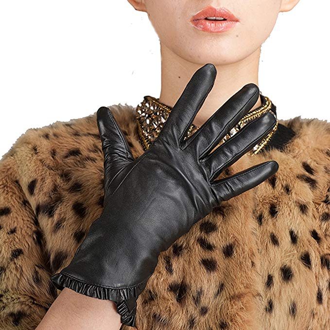 Kursheuel Women Lady Genuine Nappa soft Lambskin Leather Winter warm Gloves KU023 (XL, Black)