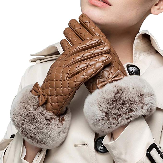 CASF Women's Warm Winter Leather Gloves For Lady Checkered Rex Rabbit Fur Brown