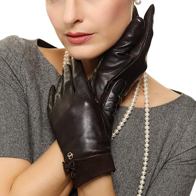 ELMA Nappa Leather Gloves Suede Cuff Leather Bow Gold Plated Logo