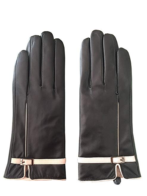 MarSue Women's Luxury Ethiopian Lambskin Leather Winter Gloves with Cashmere Lining Full-Hand Touchscreen