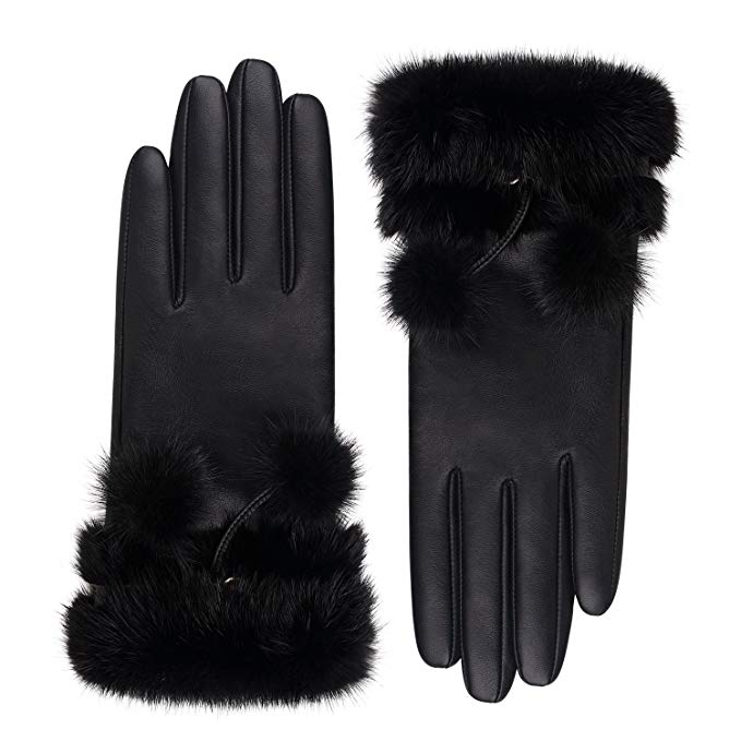 Fioretto Lady Fox Fur Touchscreen Leather Gloves Italian Lambskin Warm Black Driving