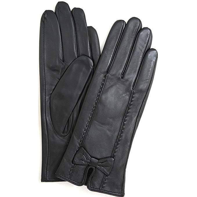 Ladies Butter Soft Black Leather Glove, Colored Bow Design & Warm Fleece Lining