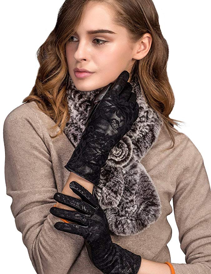 YISEVEN Women's Genuine Leather Touchscreen Gloves Lace Flower Design Fleece Lined