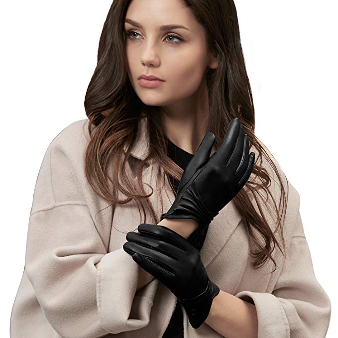 GSG Women Winter Driving Leather Gloves Touchscreen Warm Gloves Texting Ruched Fish Mouth Lady Outdoor