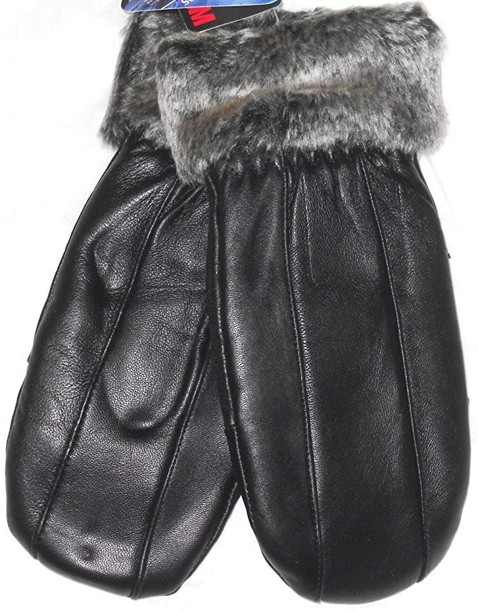 Black Soft Leather Very Soft and Luxurious Looking Mittens with Rabbit Fur M/L