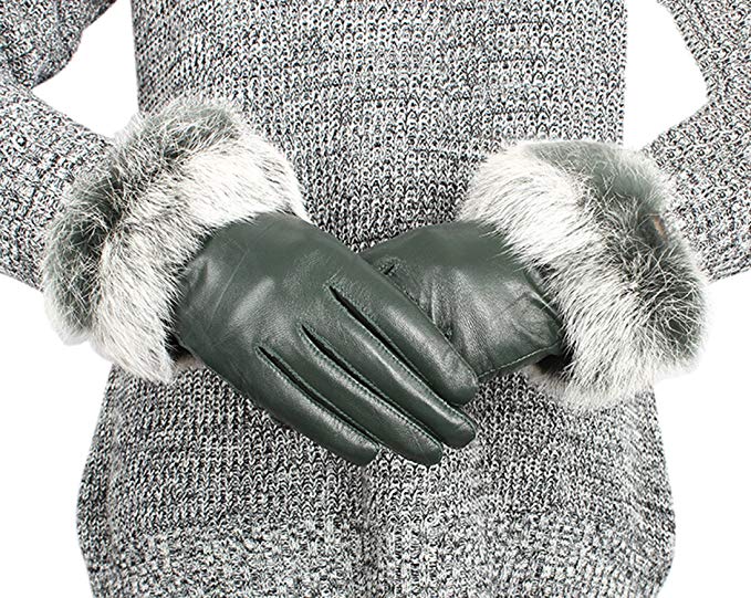 Easting Women's Lambskin Leather Gloves Rabbit Fur Cuff