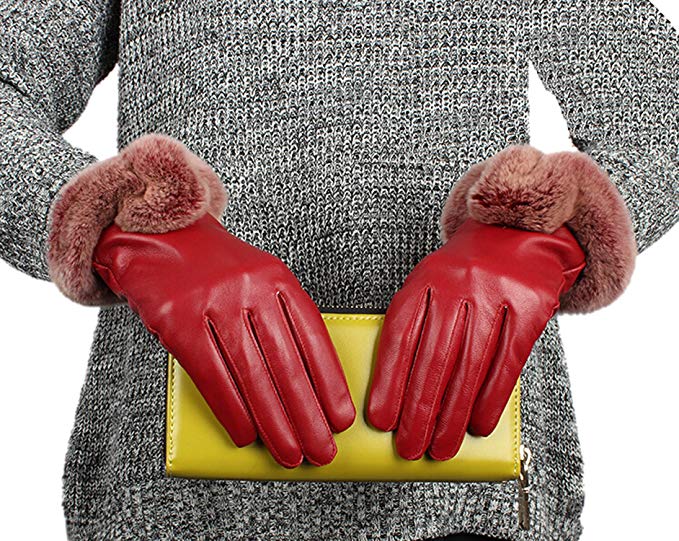 Easting Luxury Genuine Soft Lambskin Leather Gloves with 100% Rabbit Fur Cuff