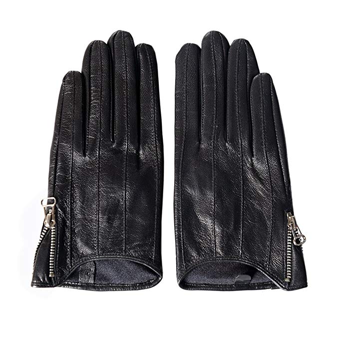 MATSU Zipper Women Leather Gloves Lady's,Lambskin,Nylon Lined Thin ...